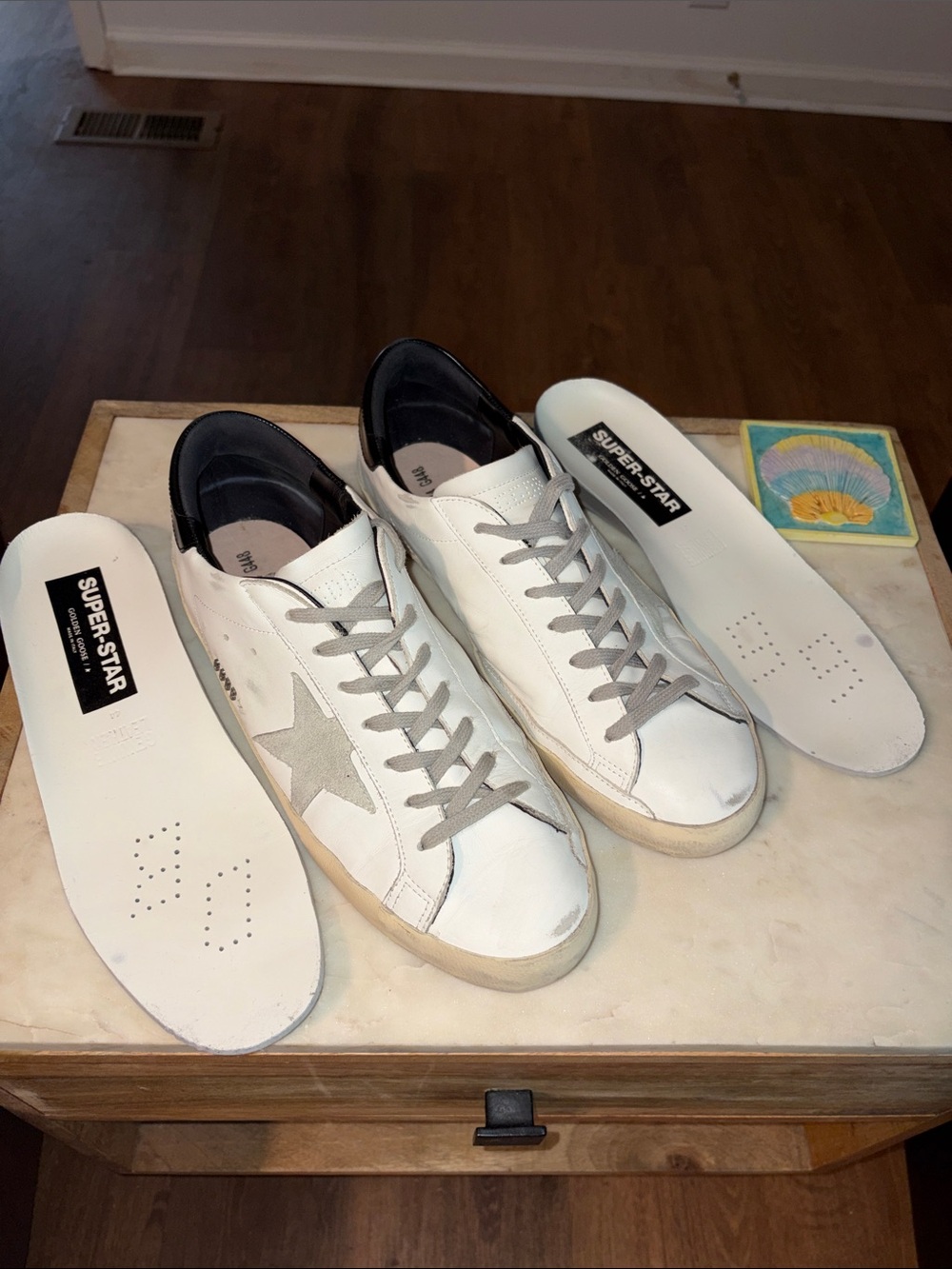 Golden Goose White Leather Sneakers with Gray Star and Gray Laces